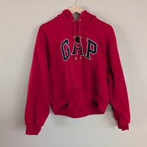 Gap Red Cropped Hoodie with Gap Heart Logo Fleece Lined Drop Shoulder Women's S